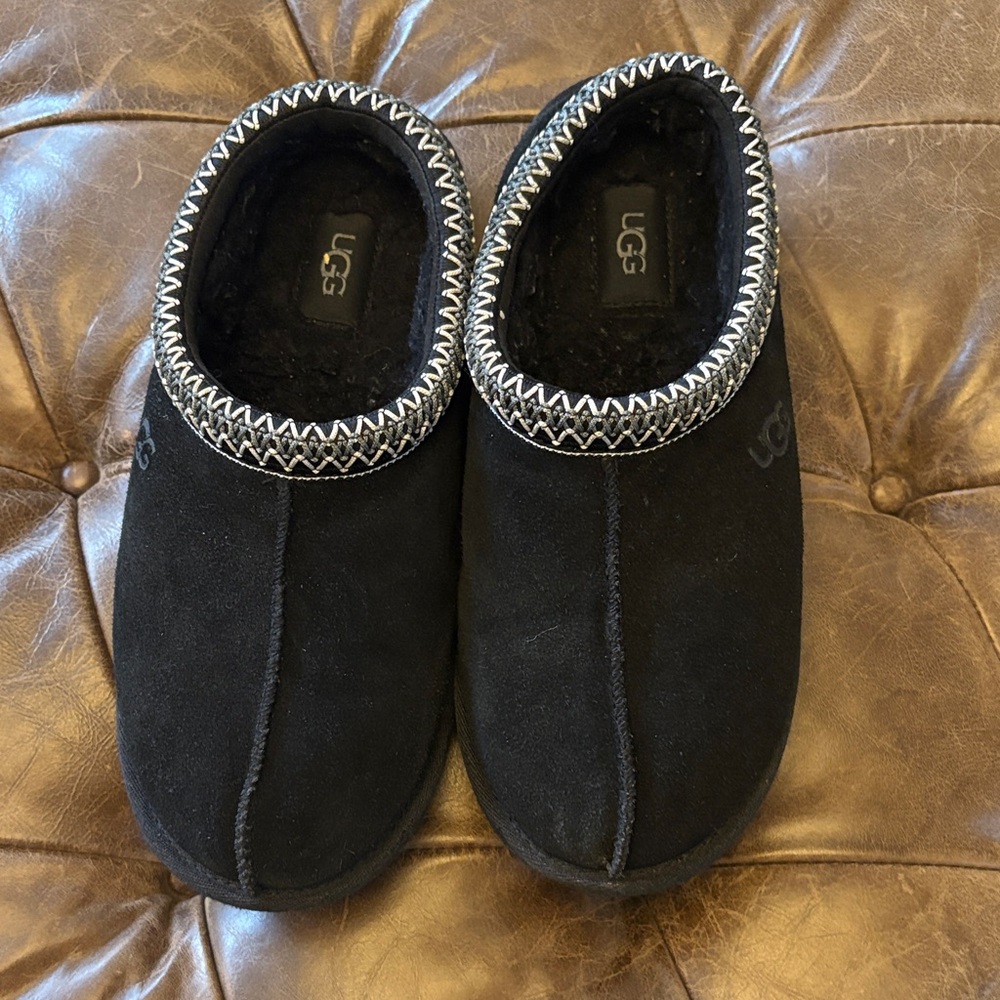 UGG Black Suede Slip-Ons with Zigzag Trim (Men’s)
